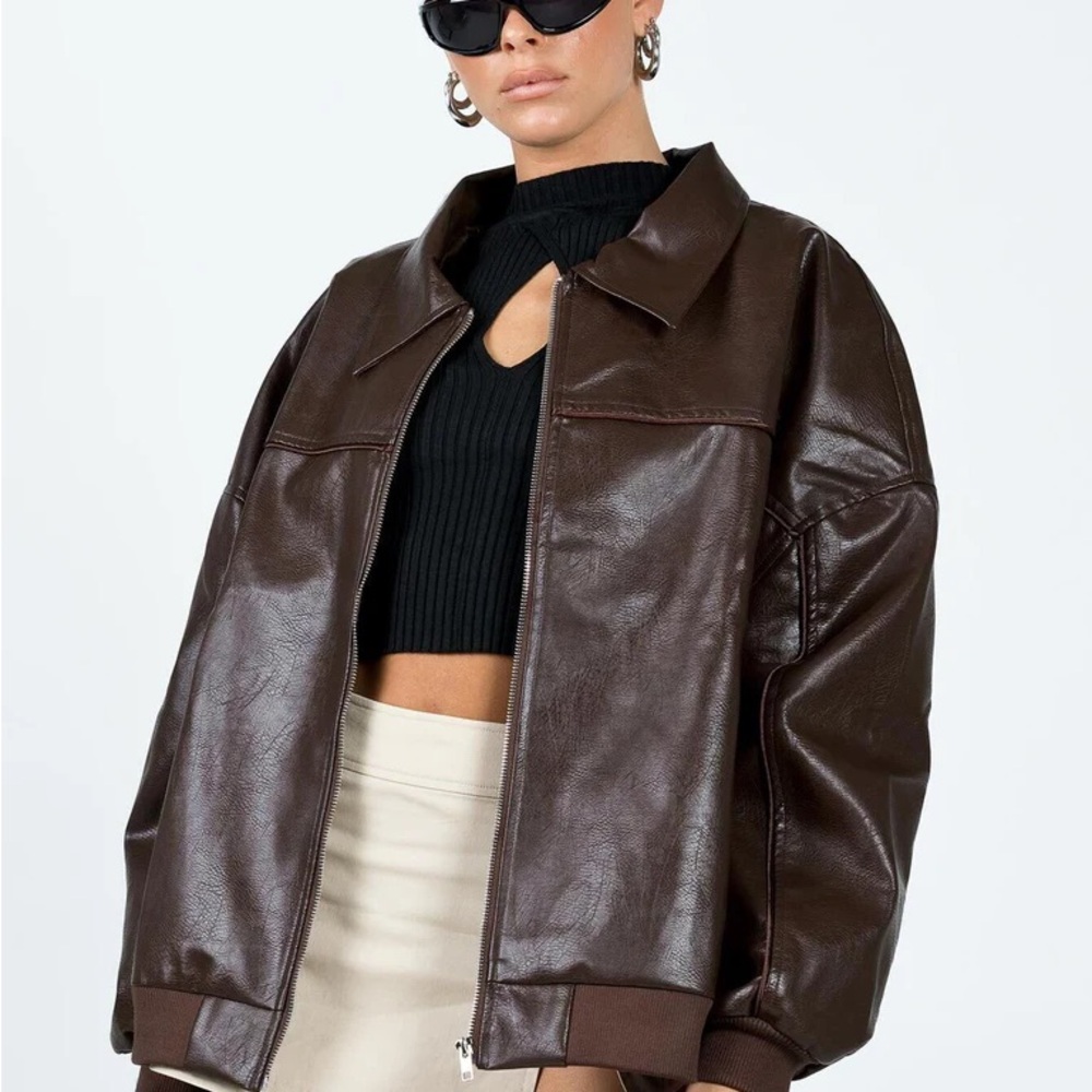 Princess Polly Goldsmith Faux Leather Bomber Jacket Brown - Size 2